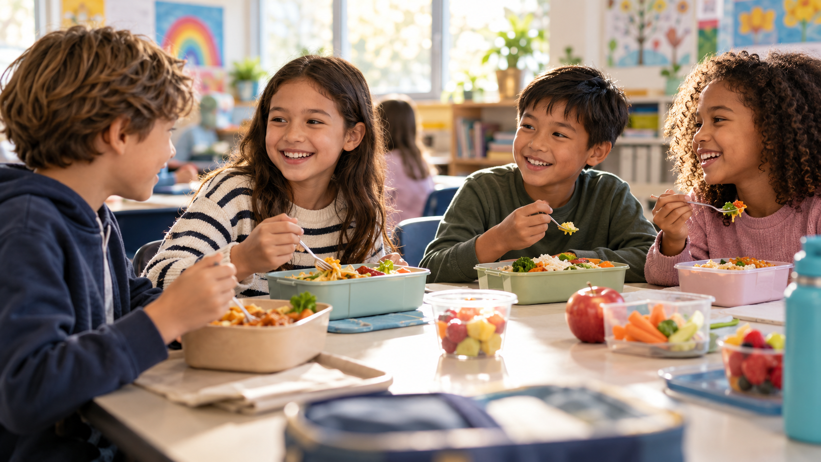Children enjoying lunch together in a bright classroom